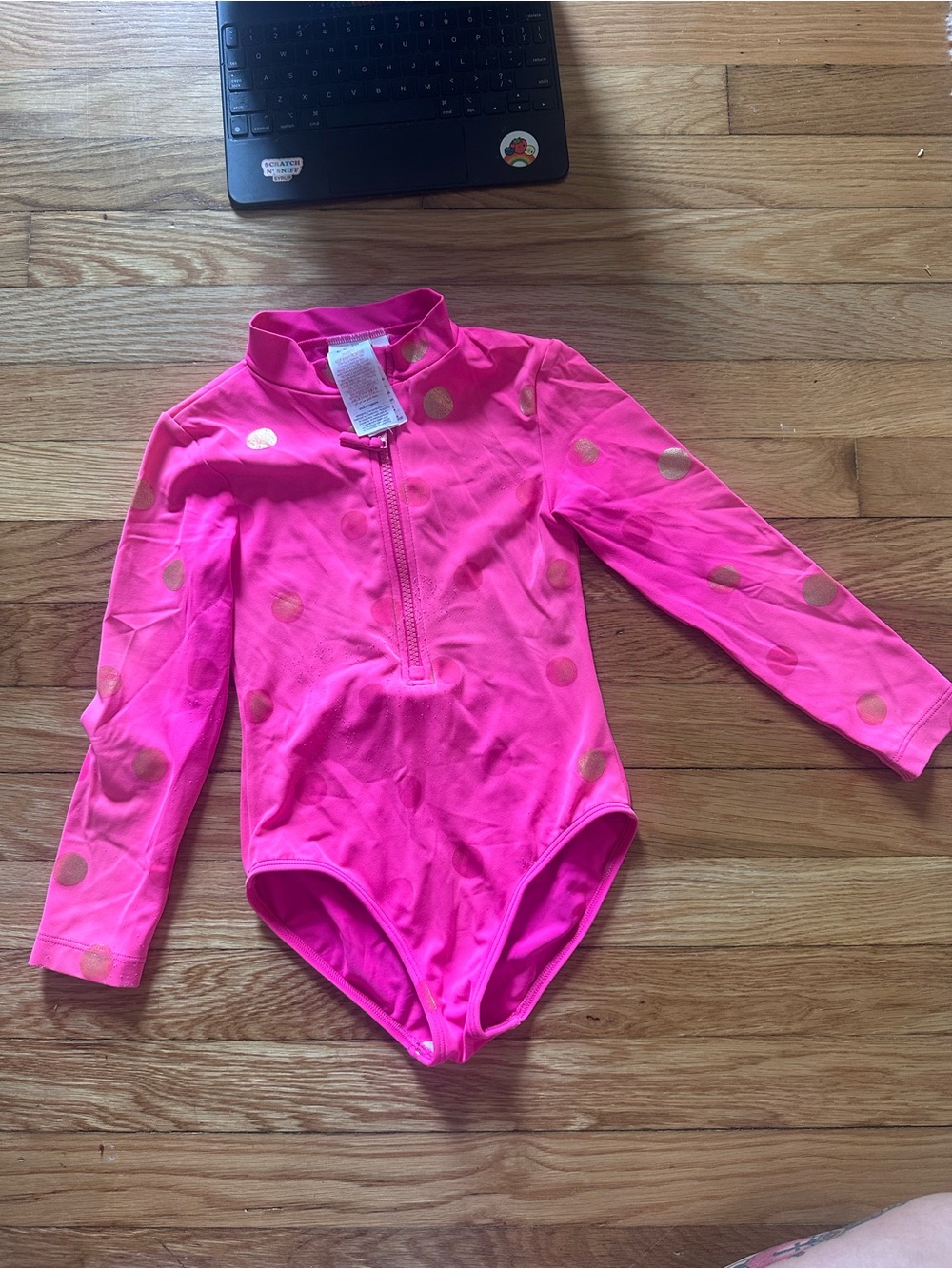 Boden Hot Pink One-Piece Long-Sleeve Swimsuit with Gold Polka Dots